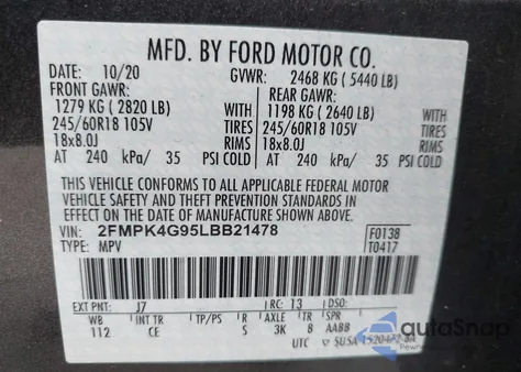 2020 Ford Edge Se из США, поврежденный, VIN 2FMPK4G95LBB21478